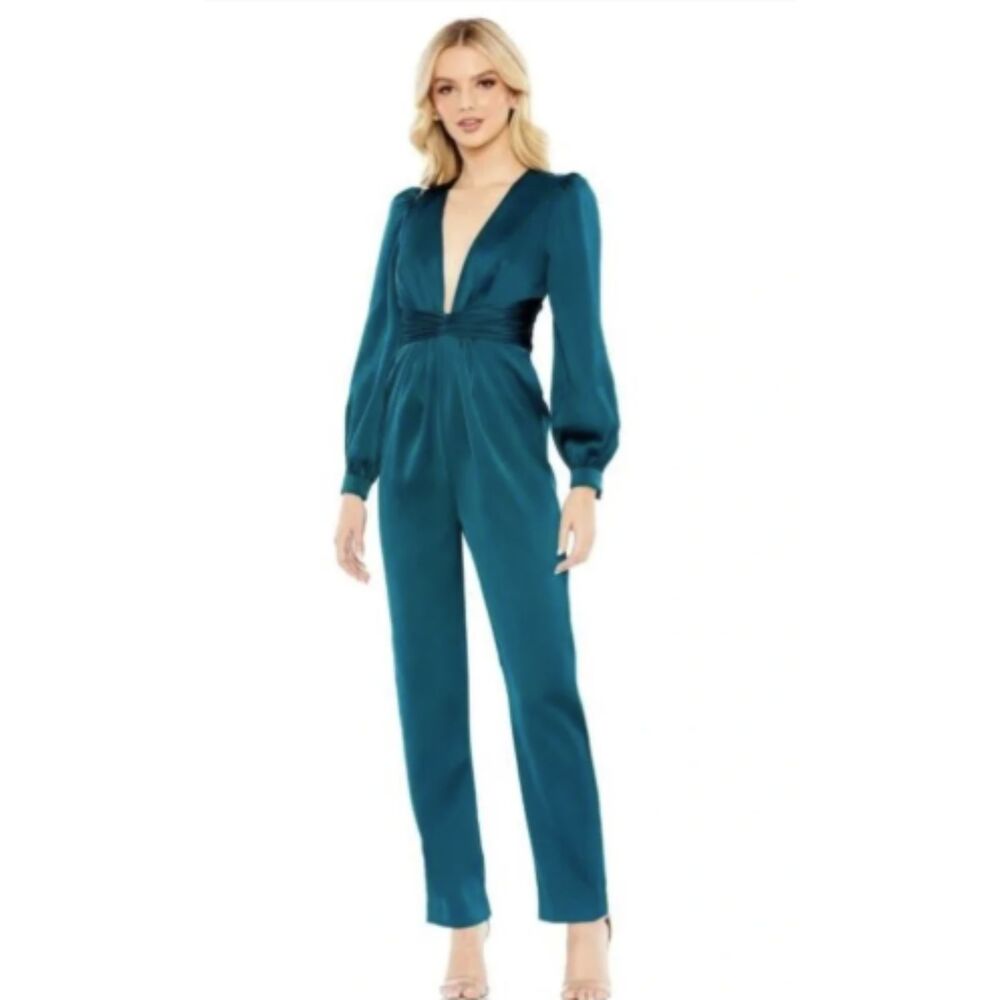 Ieena Mac Duggal 2647 Deep Green Satin Twist Front Jumpsuit Size 0 NWT